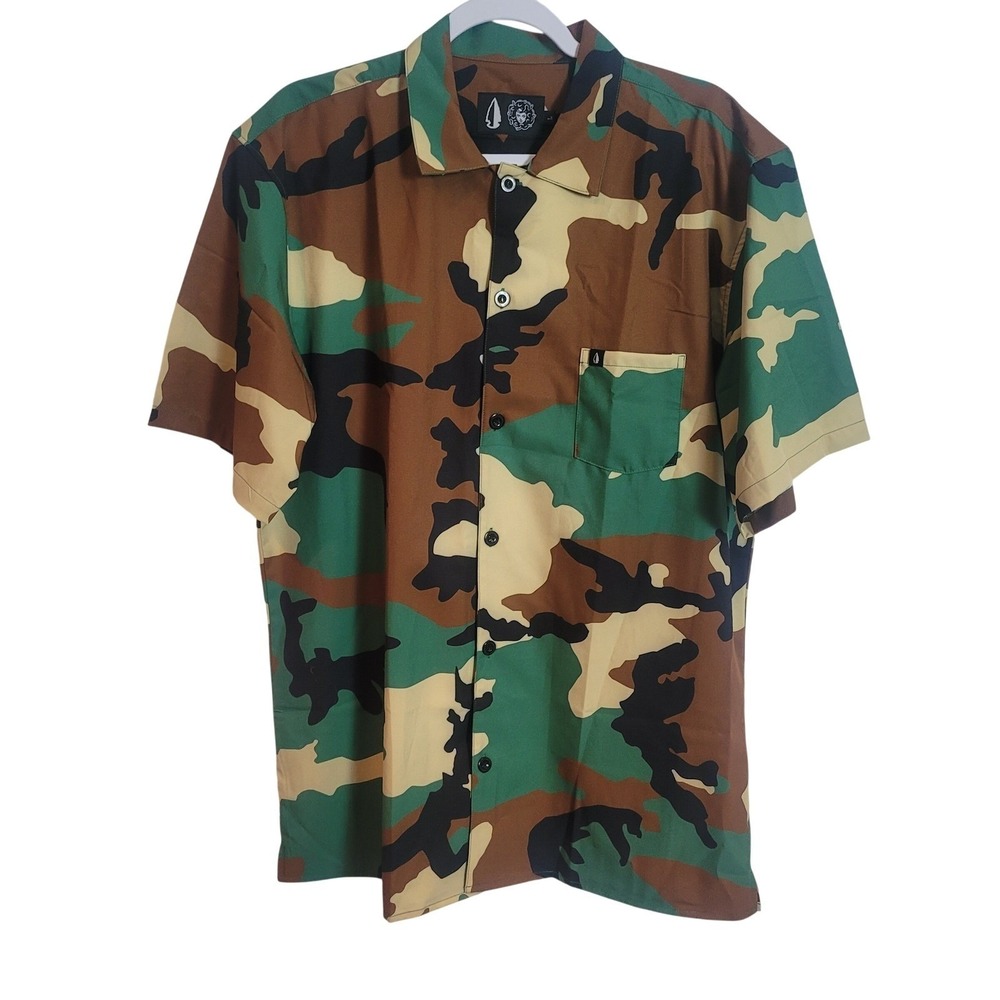 Tachuntfish M81 Mojito Mens Camo Button Up Shirt Large Short Sleeve Woodland NEW